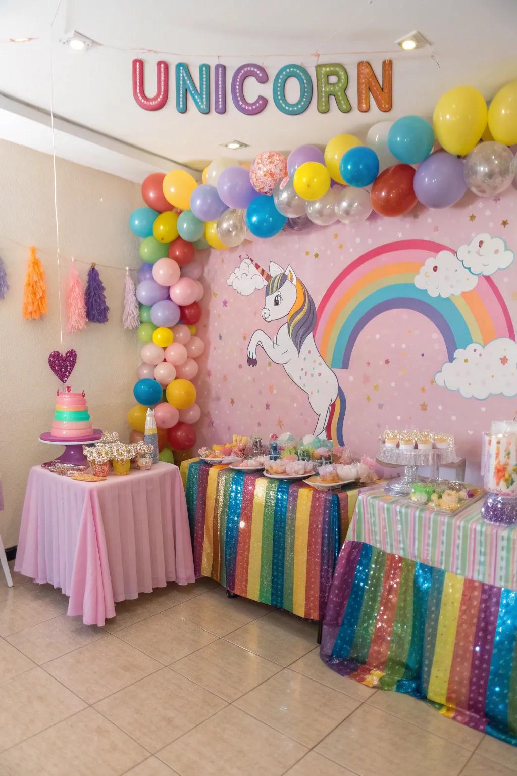 Enter a magical unicorn wonderland filled with rainbows and sparkle.