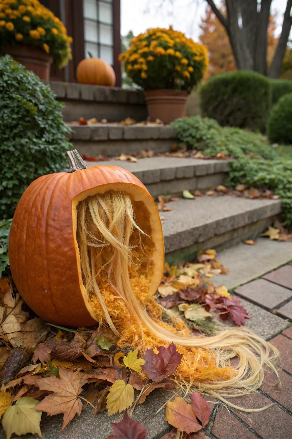 A pumpkin flaunting a wild mane crafted from its own insides.