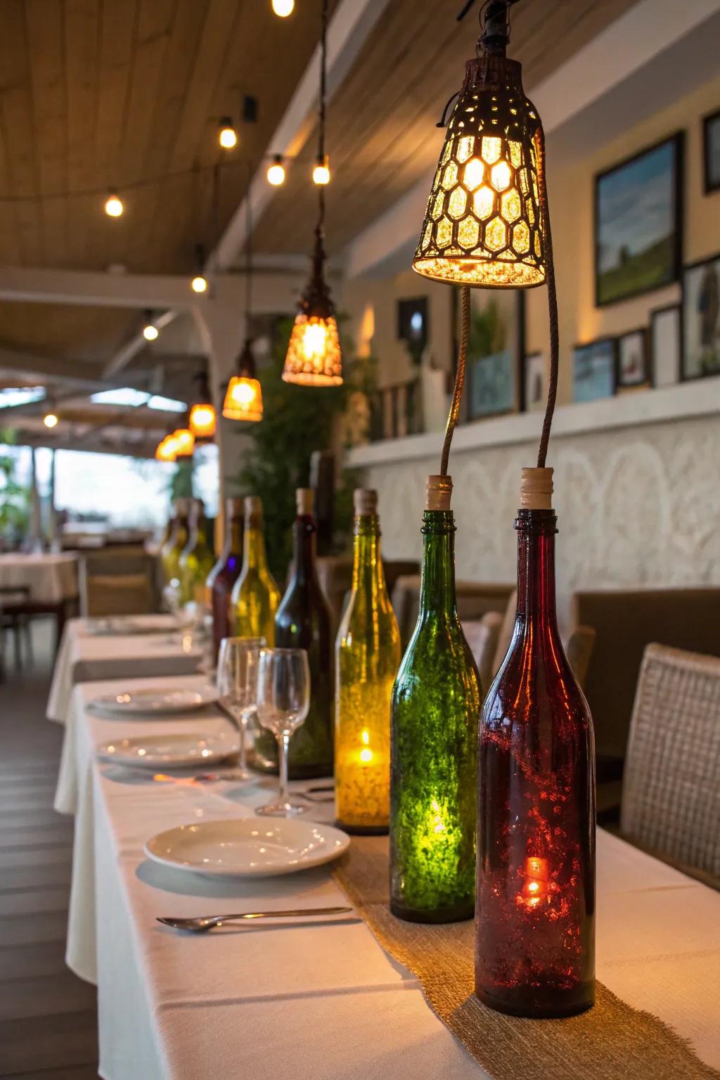 Eco-friendly wine bottle lamps to illuminate your dining experience.