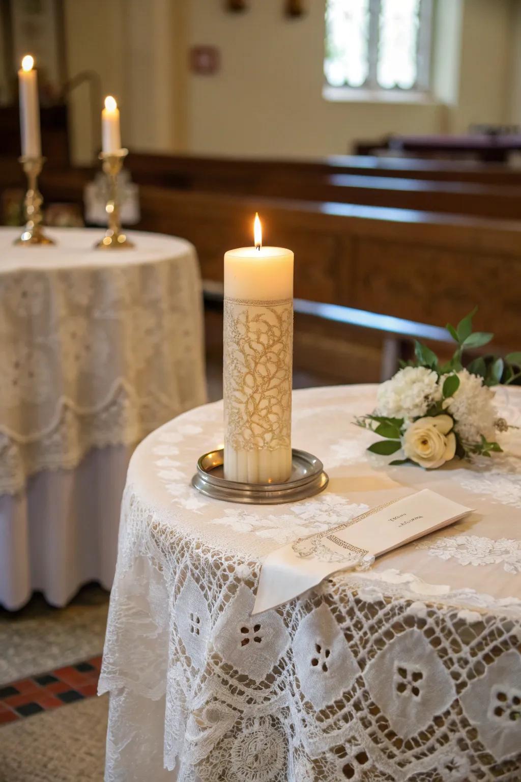 A refined lace broadcloth adds sophistication to the unity candle station.