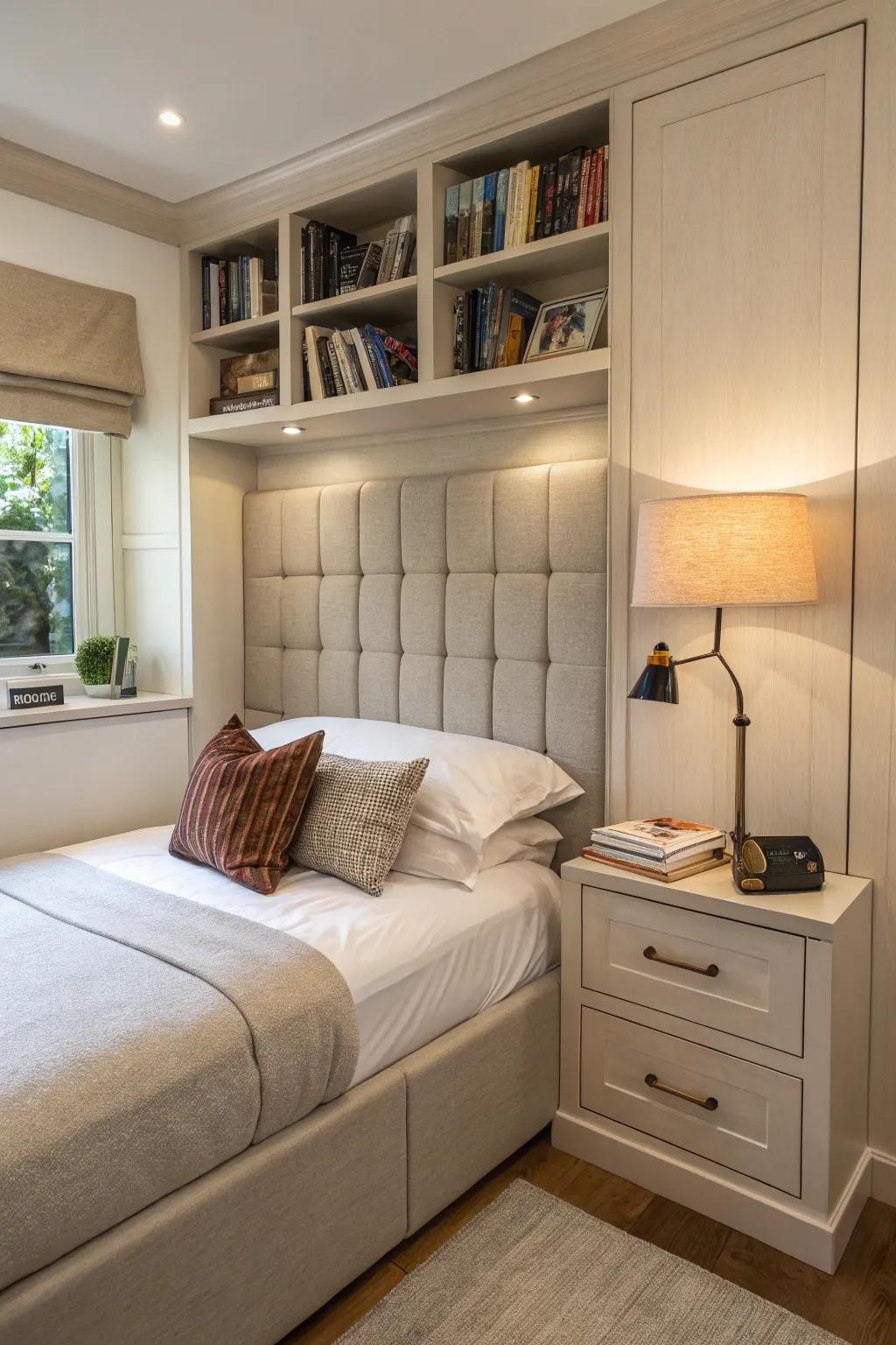 An L-shaped headboard cleverly maximizes space while improving comfort.