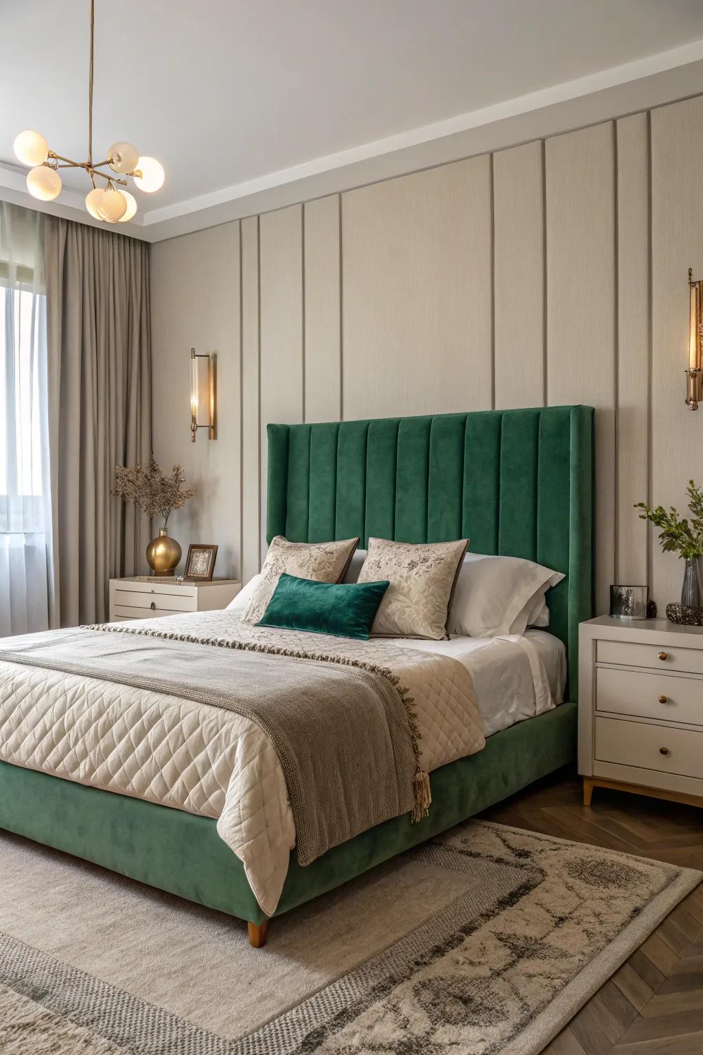 A bold sapphire headboard injects a vibrant note into the room.