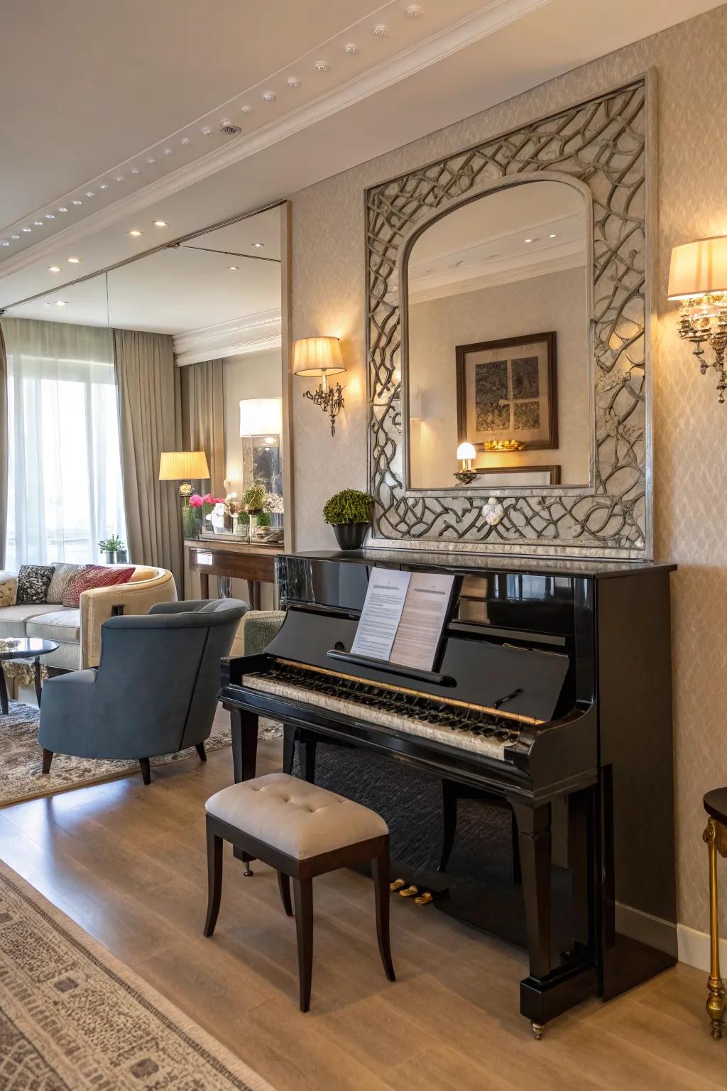 An exquisite living room showcasing an upright piano accentuated with an ornamental mirror above.