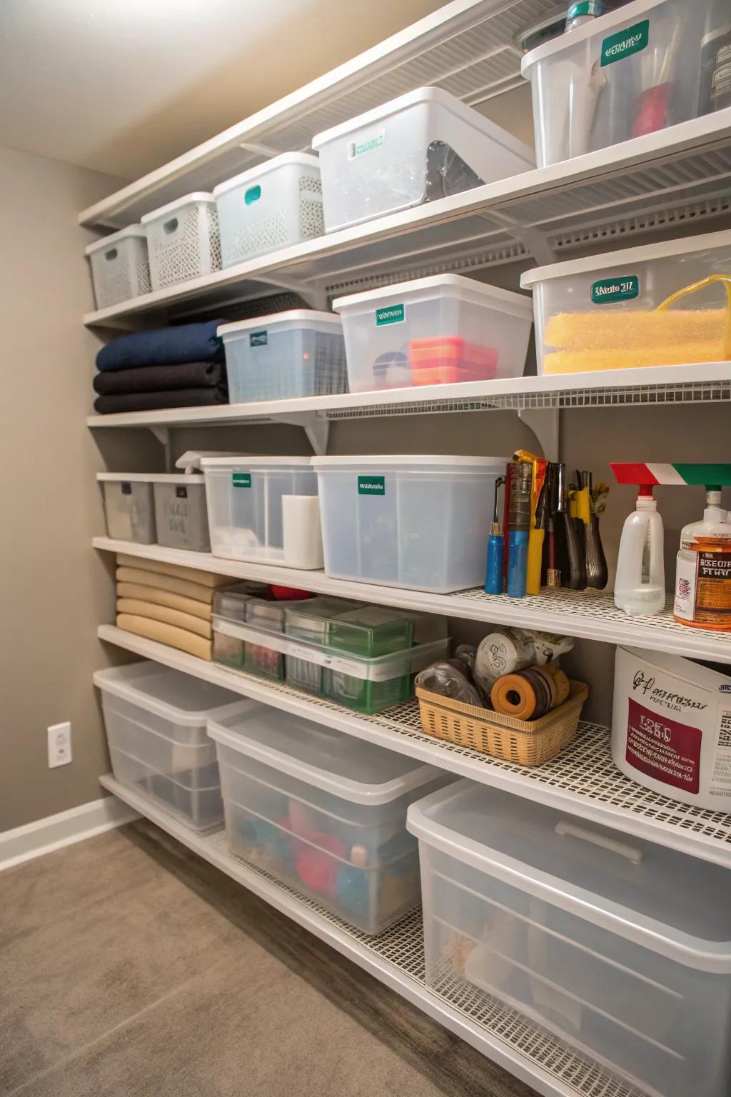 Clear bins help keep your closet organized and make finding things simple.