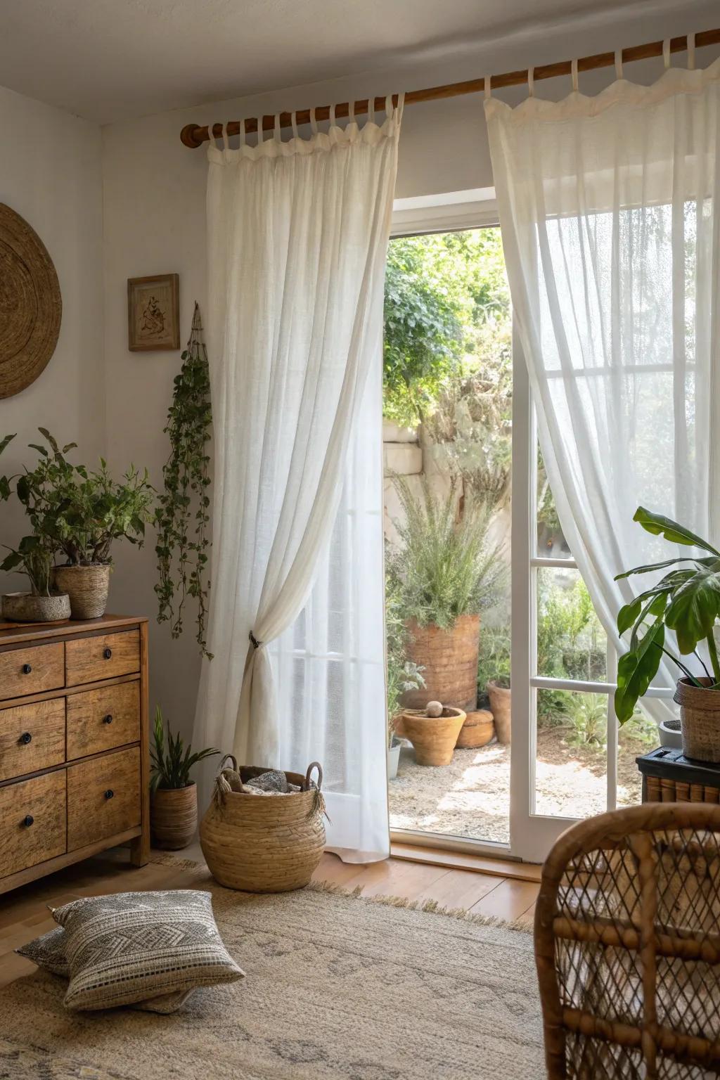 A window dressed with a flax window treatment in a nature-centered gathering space.