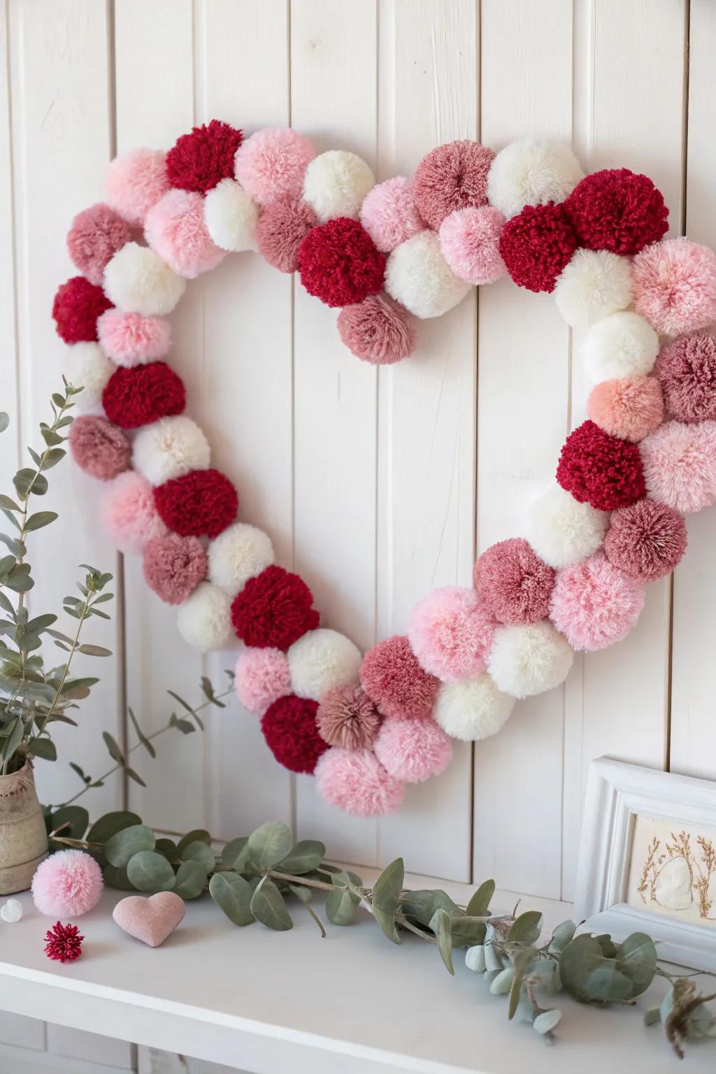 Fall for comfortable charm with a heart-shaped fluffy ball wreath, excellent for adding a warm, charming accent to your Valentine's decoration.