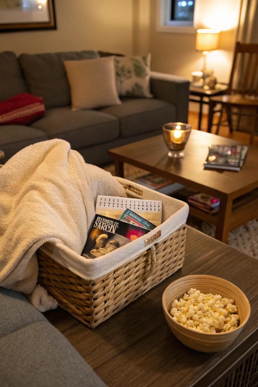 A comfy basket designed for a romantic night at home.