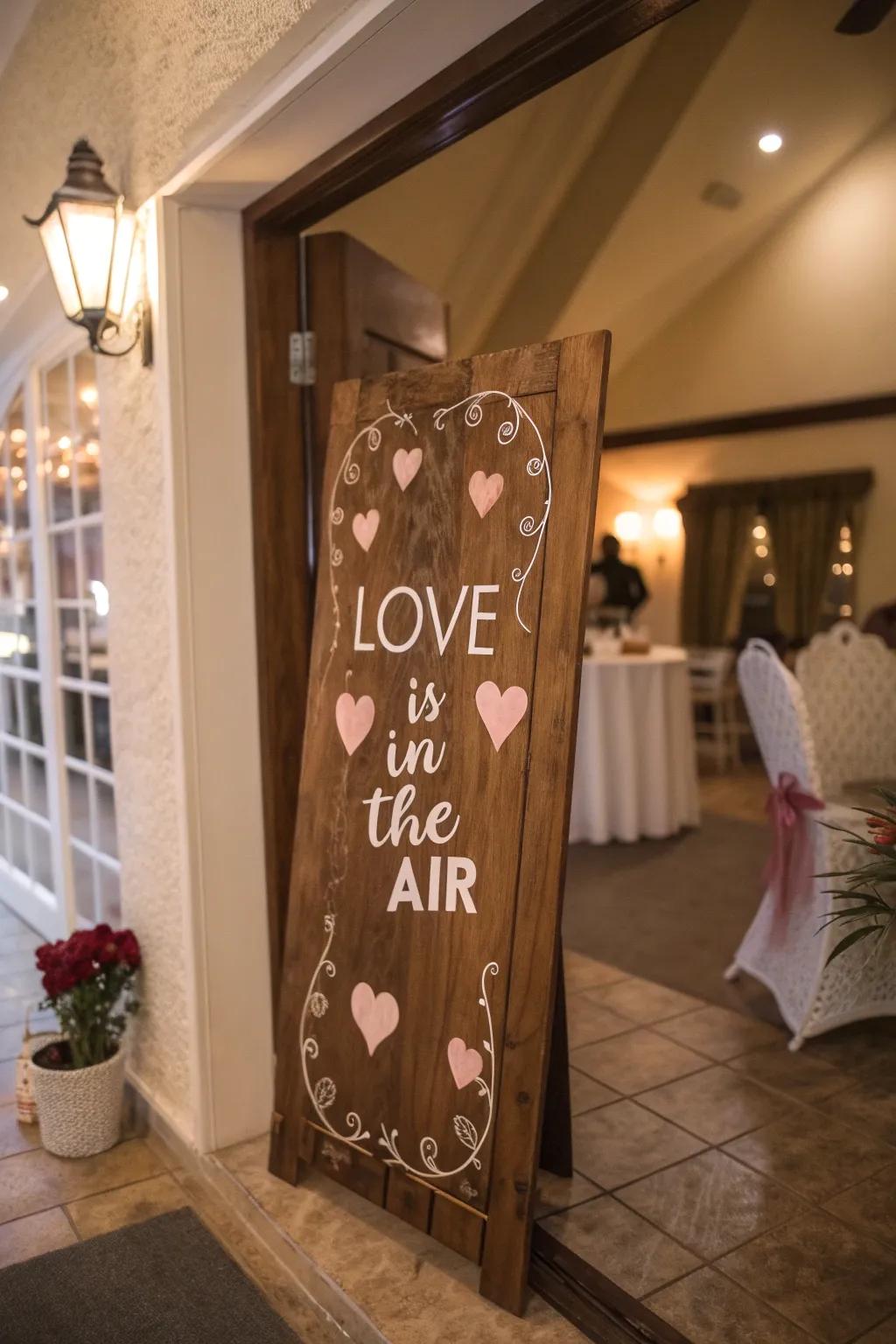 A romantic salutation display establishes the ambiance for Valentine's Day.