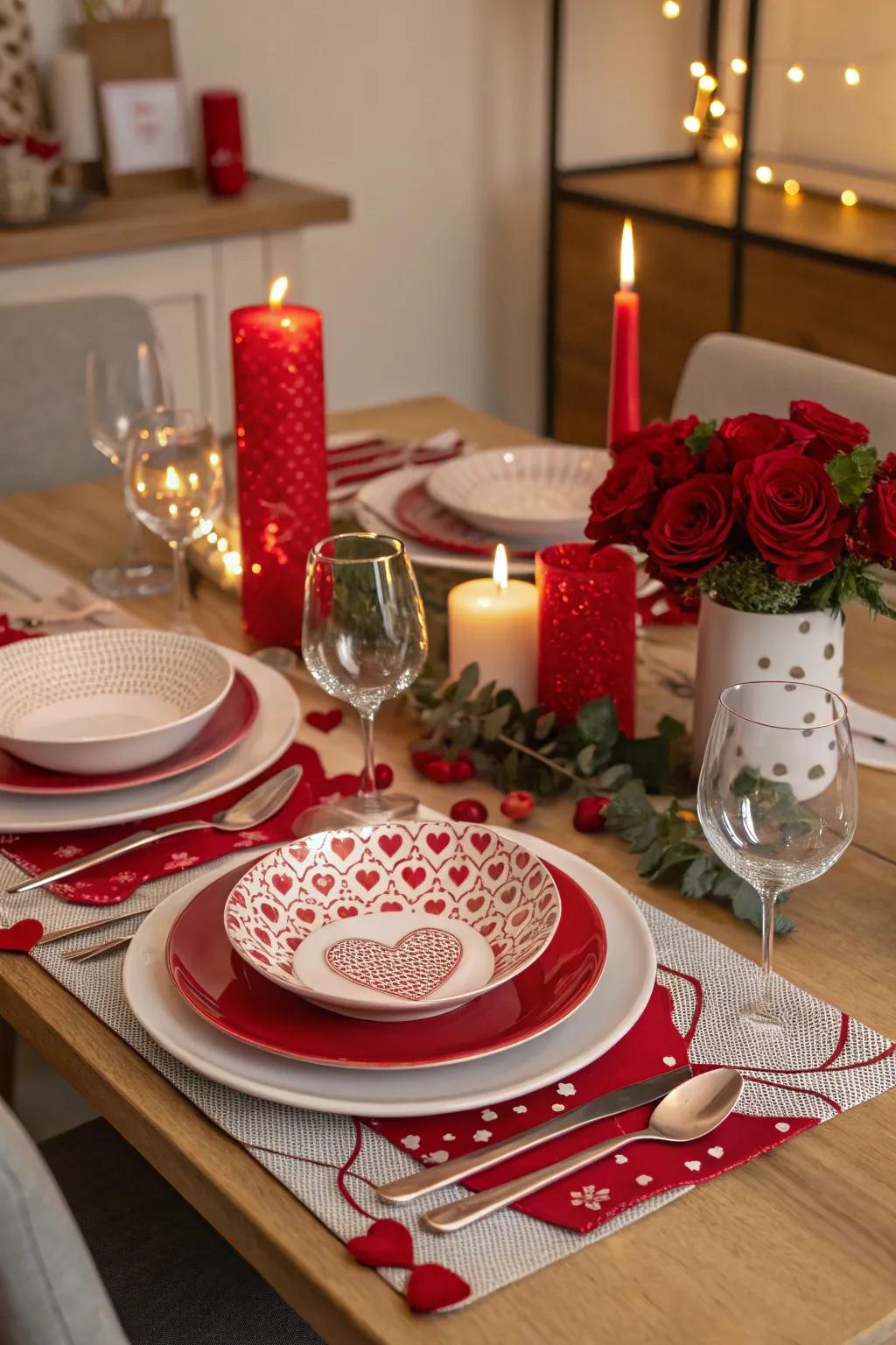 Form an intimate eating experience through a Valentine's evening meal table setting that oozes romance.
