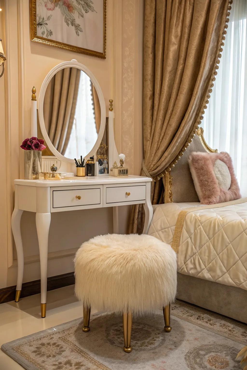 A furry stool adds comfort and style.