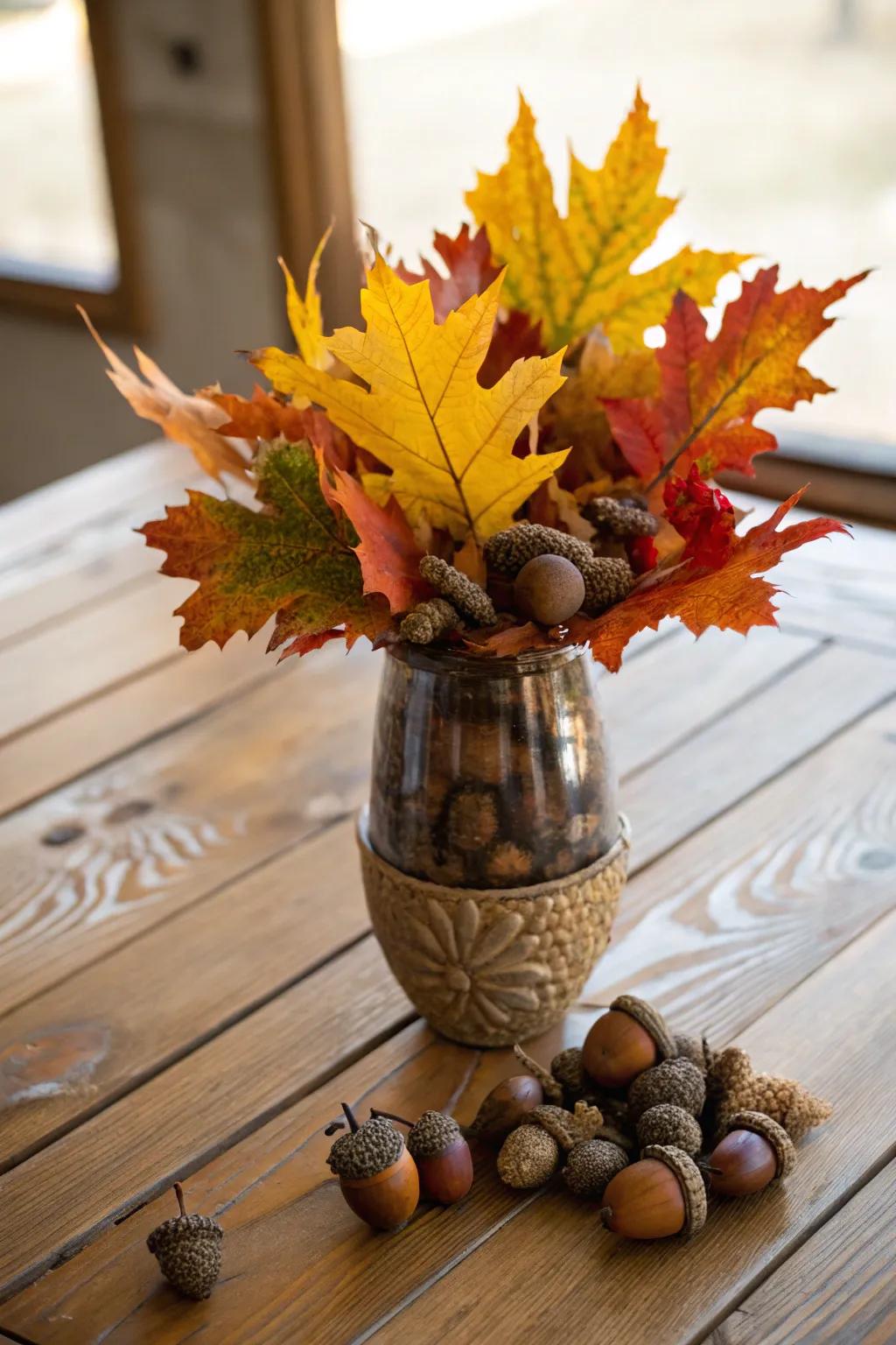 Seasonal elements such as leaves can dramatically transform your vase decor.