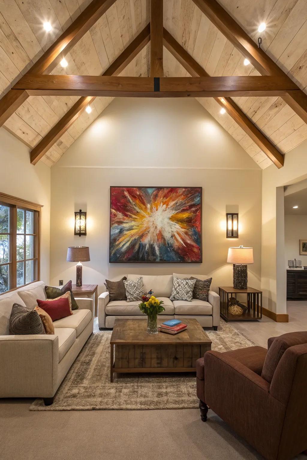A family room showcasing a vaulted ceiling and expansive abstract art on the accent wall
