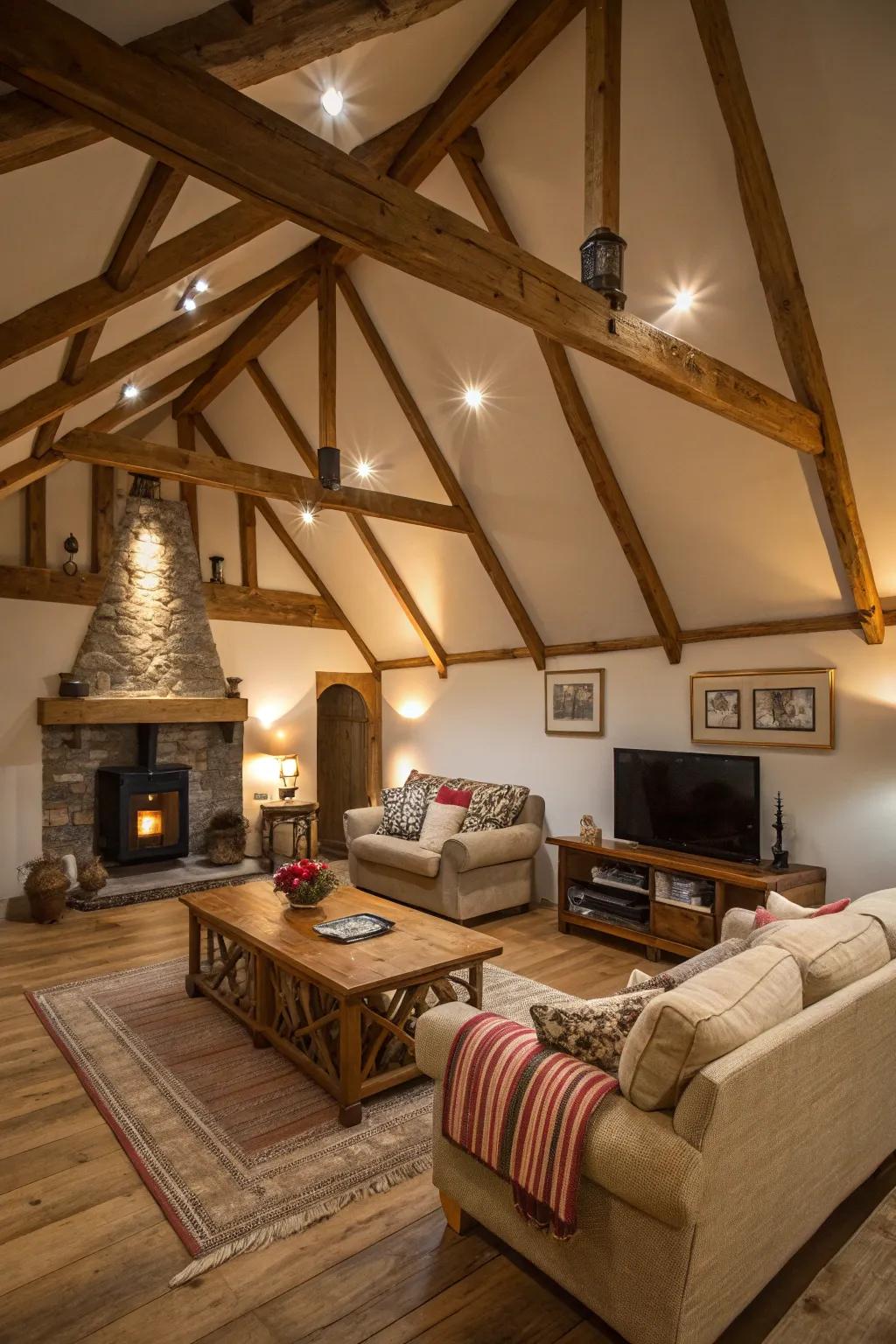 Thoughtful lighting adds depth to exposed beams.