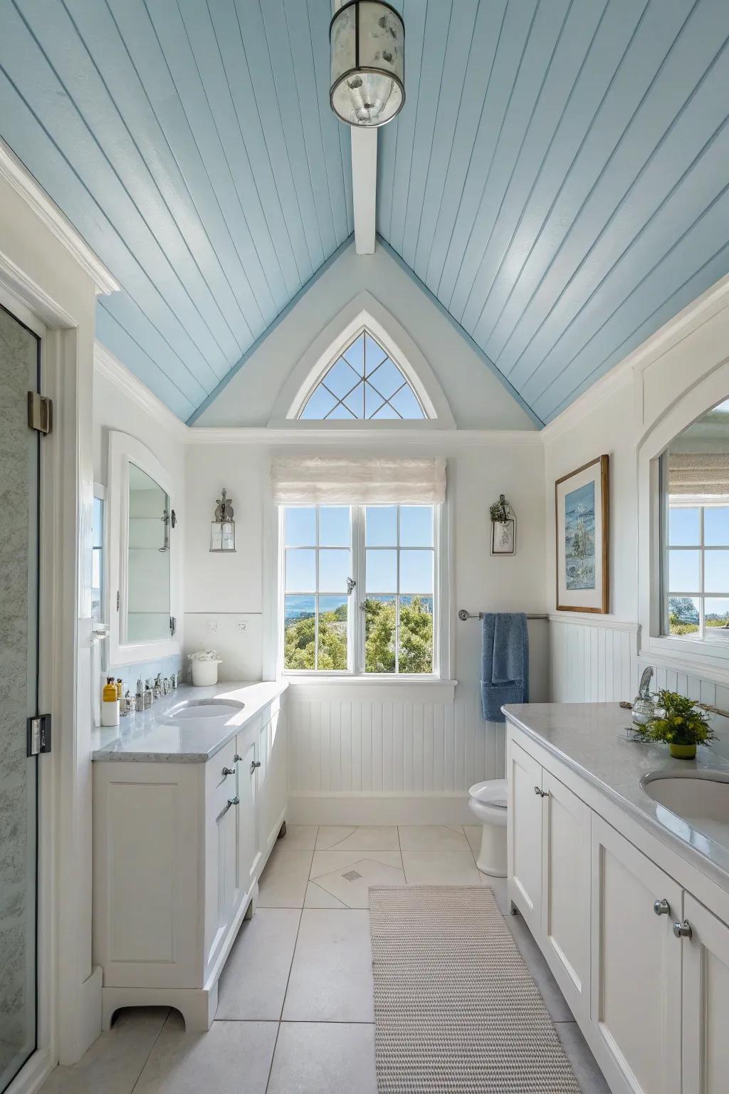 A sky-blue vaulted ceiling imparts a serene feel to this washroom.