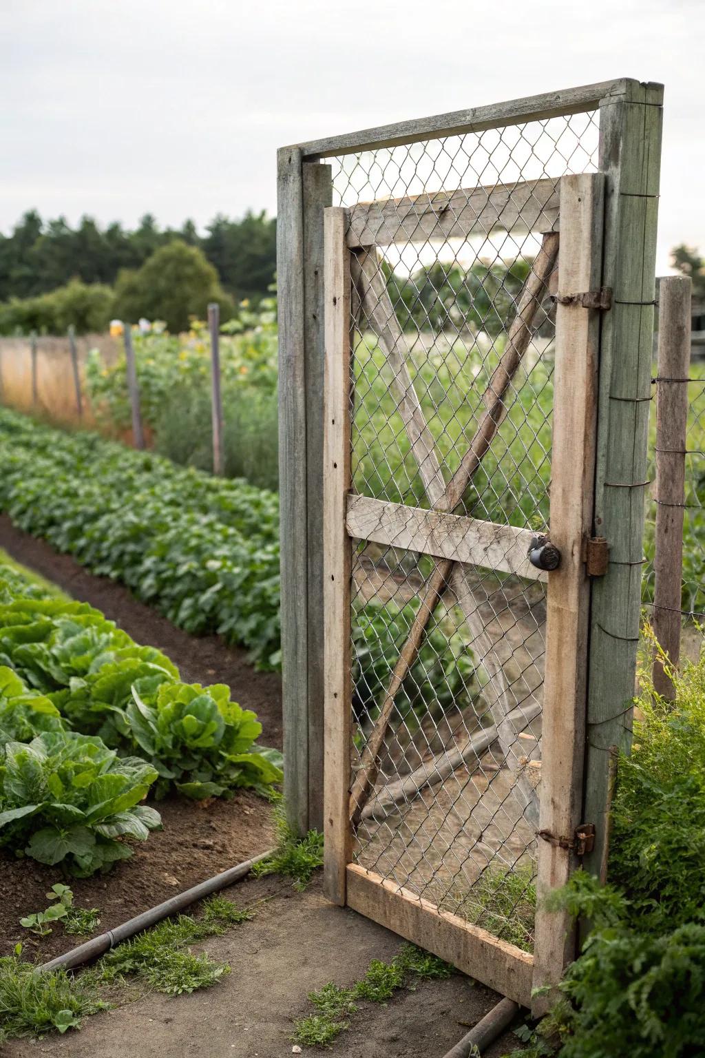 A modern garden gate enhanced with open weave screens for added security.