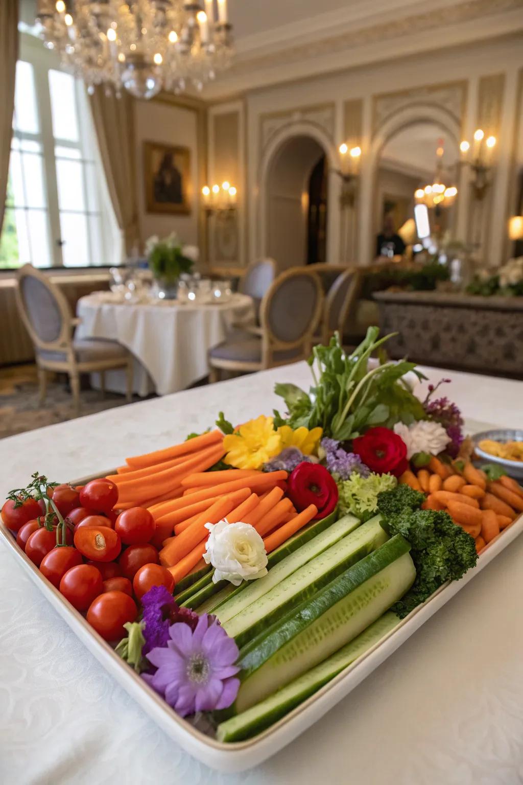 Vegetable tray enhanced with edible flowers for elegance.