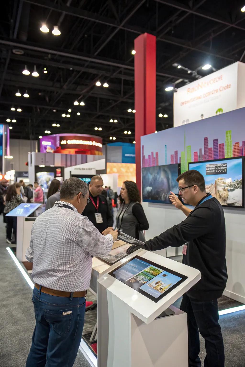 Interactive displays invite attendees to engage directly with your products.