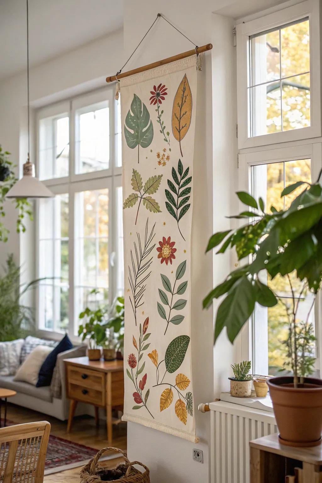 Nature-inspired visuals on a vertical banner make for a calming atmosphere within a living area.
