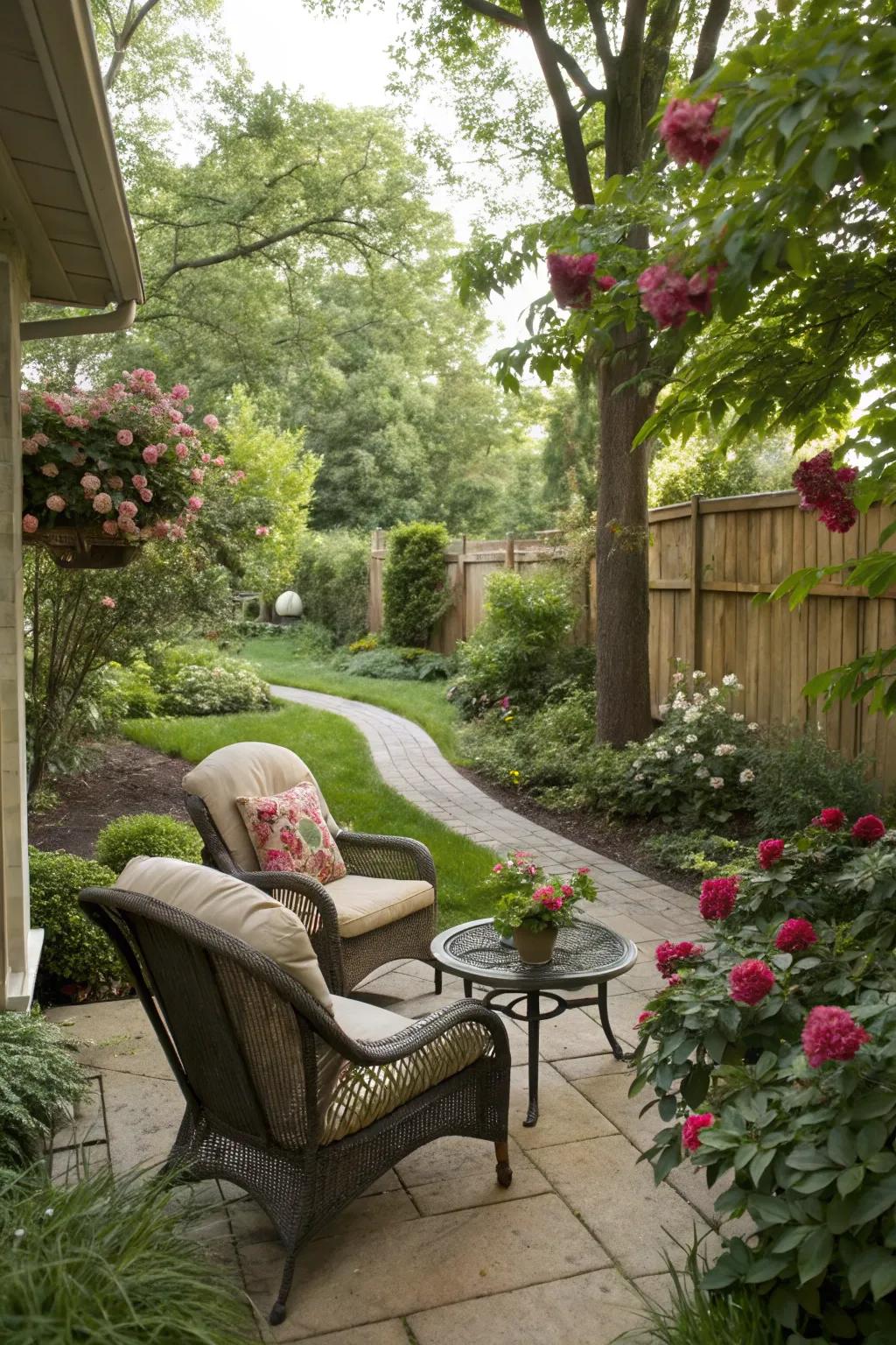 An inviting outdoor seating area subtly integrates with abundant garden vegetation.