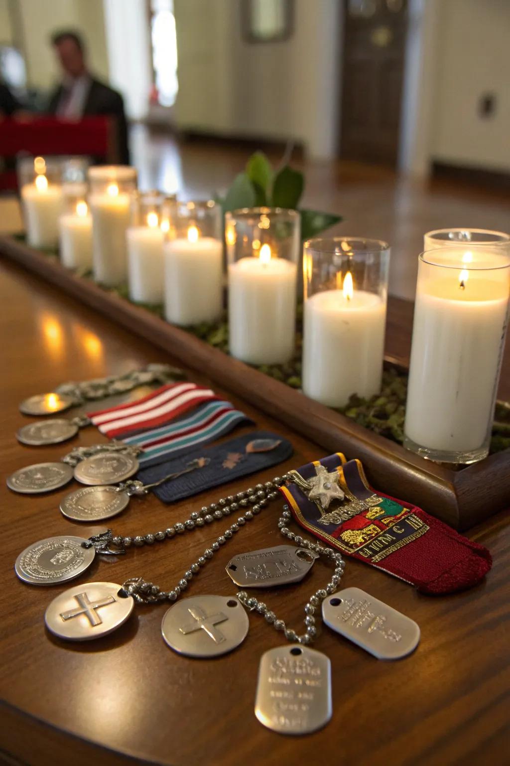 A centerpiece commemorating veterans through military mementos.