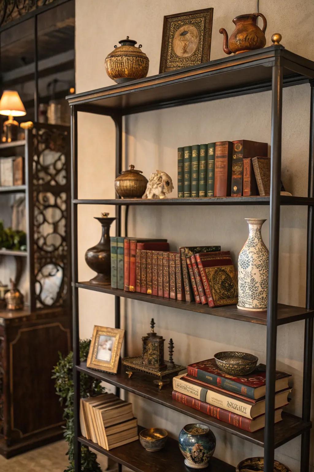 Antique-style shelving showing off treasured vintage collectibles.