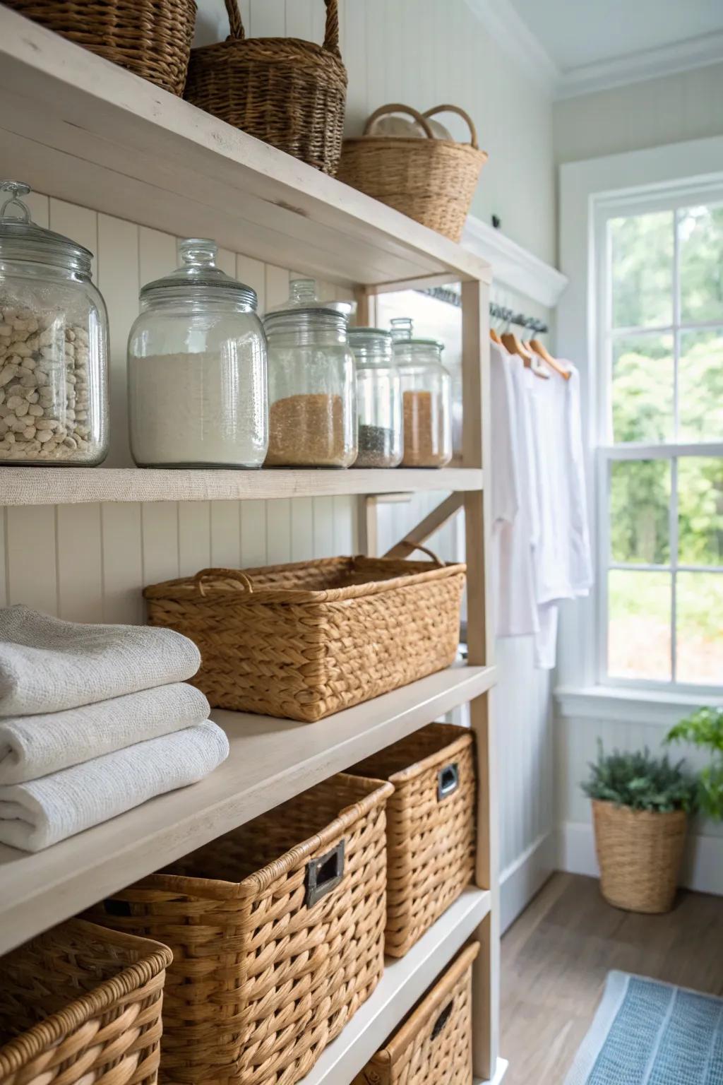 Open racks showcasing a curated selection of vintage-style containers and baskets.