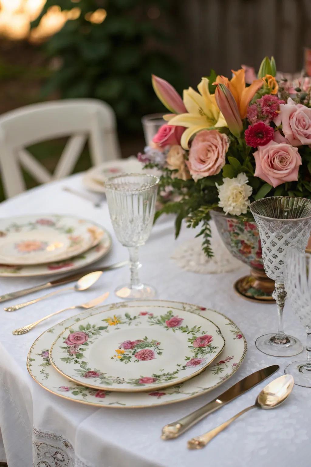 A sophisticated retro table design featuring flower and china decorations.