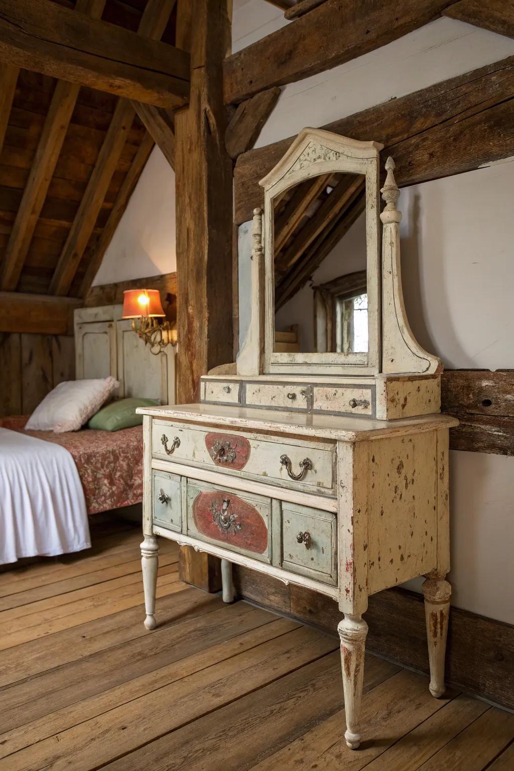 A weathered surface provides a rustic charm that elevates your vintage vanity.