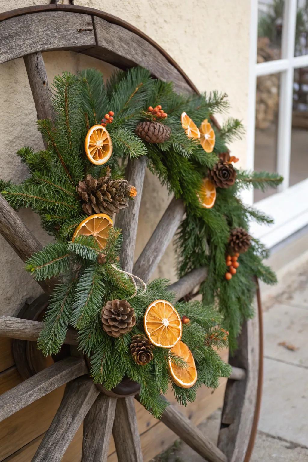 A carriage wheel showcasing cedar sprigs and citrus slices, fashioned into a festive ring.