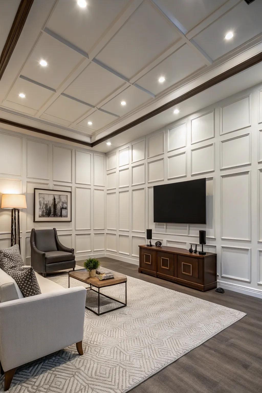 Modern studio adorned with streamlined flat panel wainscoting.