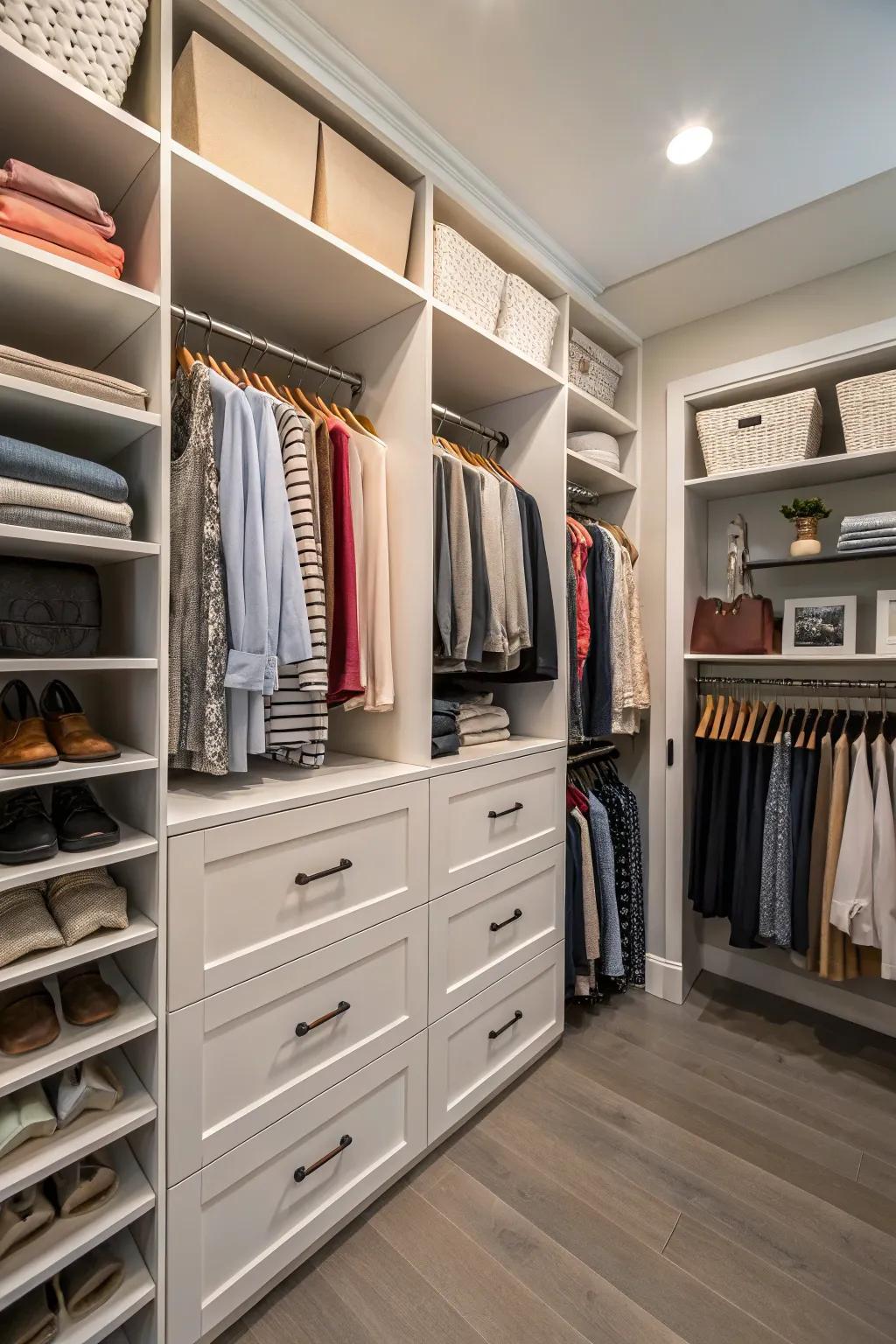 A neatly arranged walk-in closet featuring varied storage options for every item.