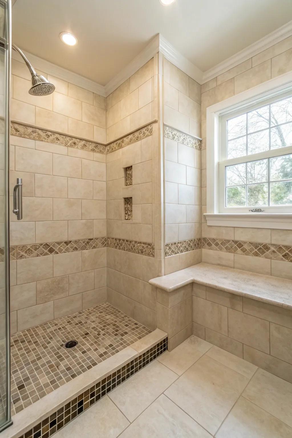 A corner bench amplifies room in a compact walk-in shower, making it both useful and chic.