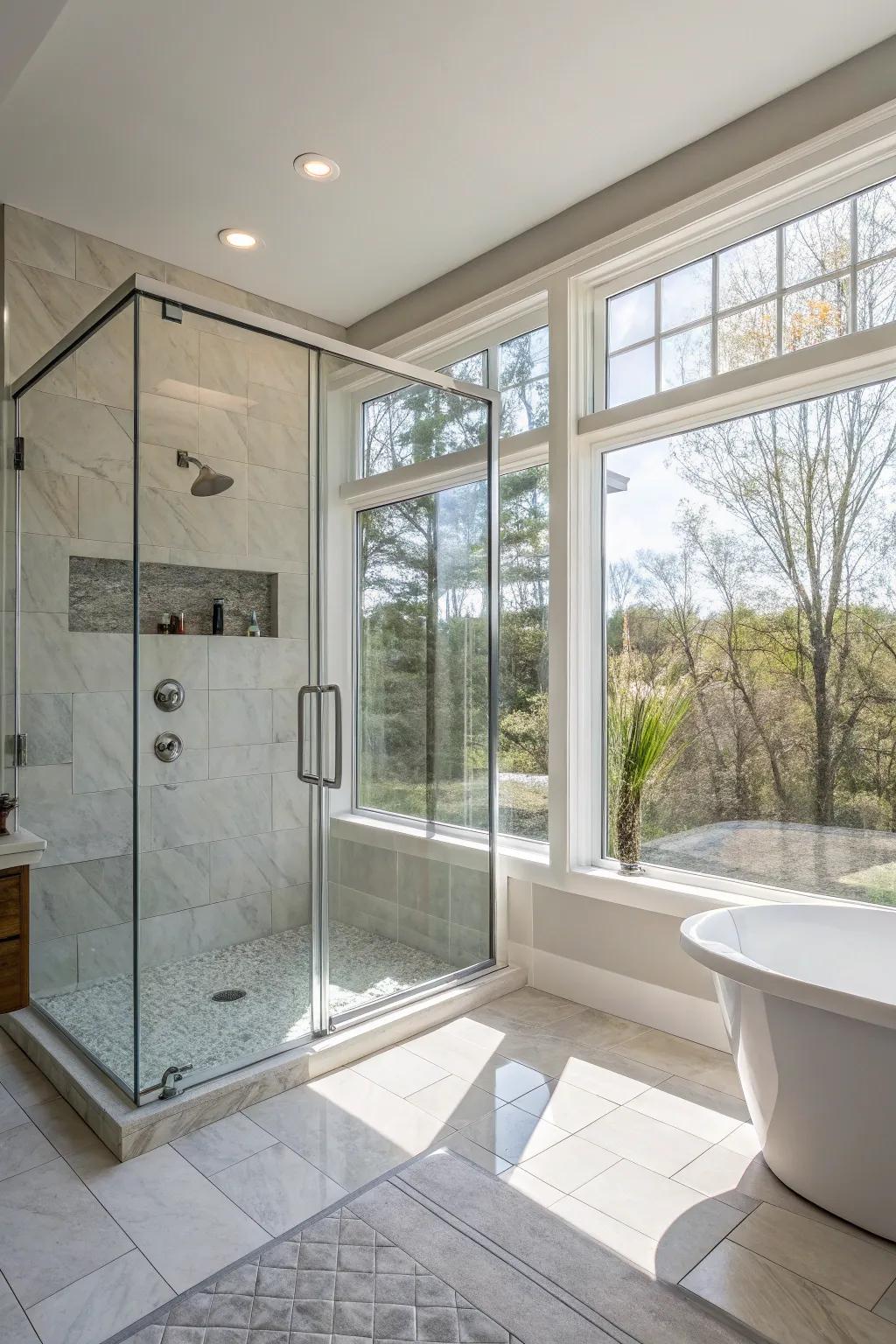 Natural light fills this walk-in shower, establishing a welcoming environment.