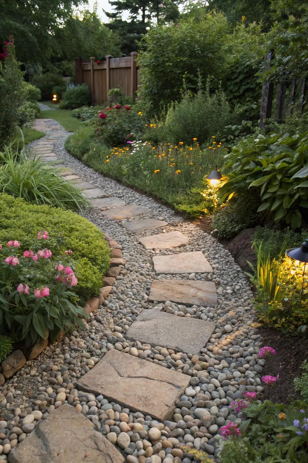 Diverse elements like pebbles and stone enrich the texture of your walkway.