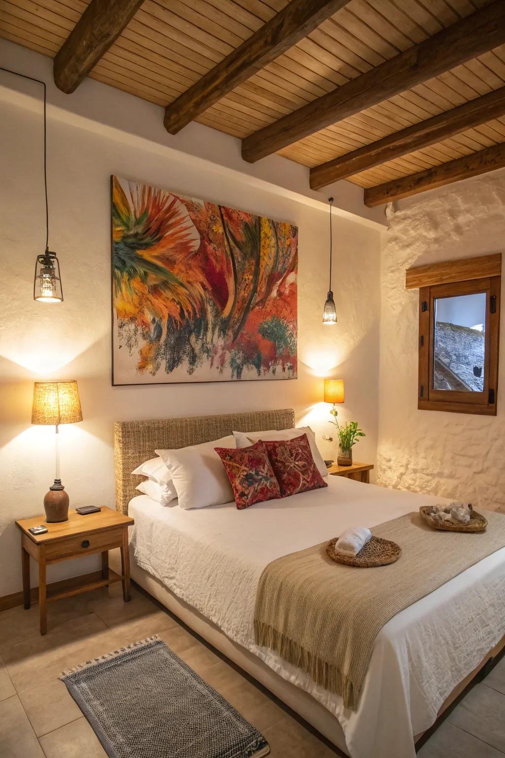 An abstract painting adds personality above the bed.