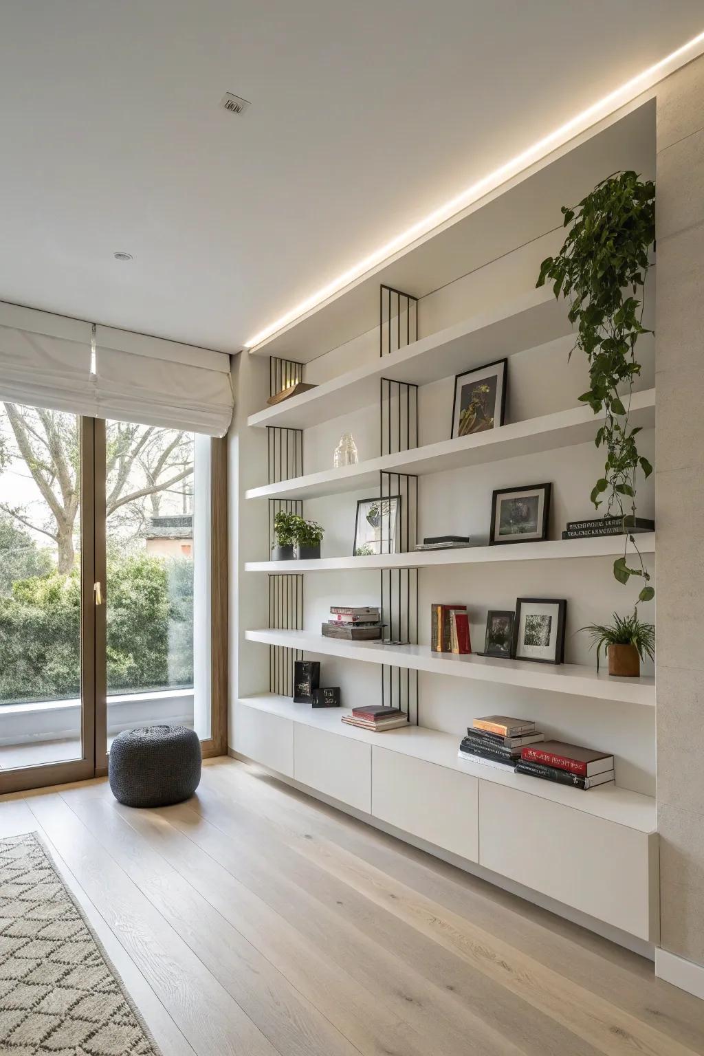 Floating shelves present a sleek and spacious look ideal for modern interiors, enhancing the room’s aesthetic.