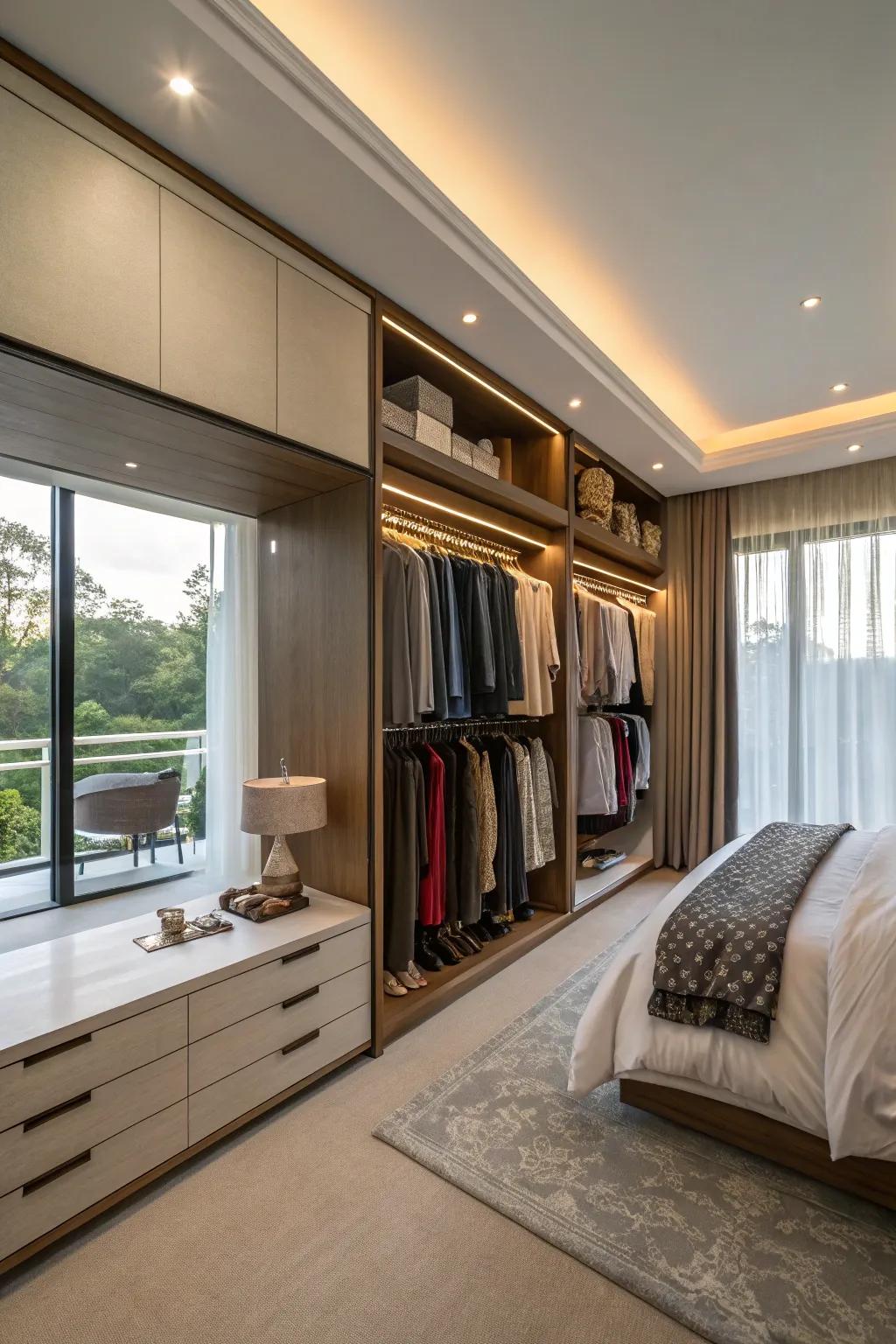 Double hanging rods to efficiently use vertical space in wall closets.