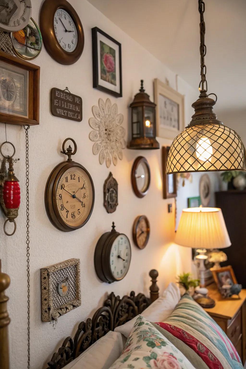 An assortment of unique decor elements brings charm and character to a bedroom wall.