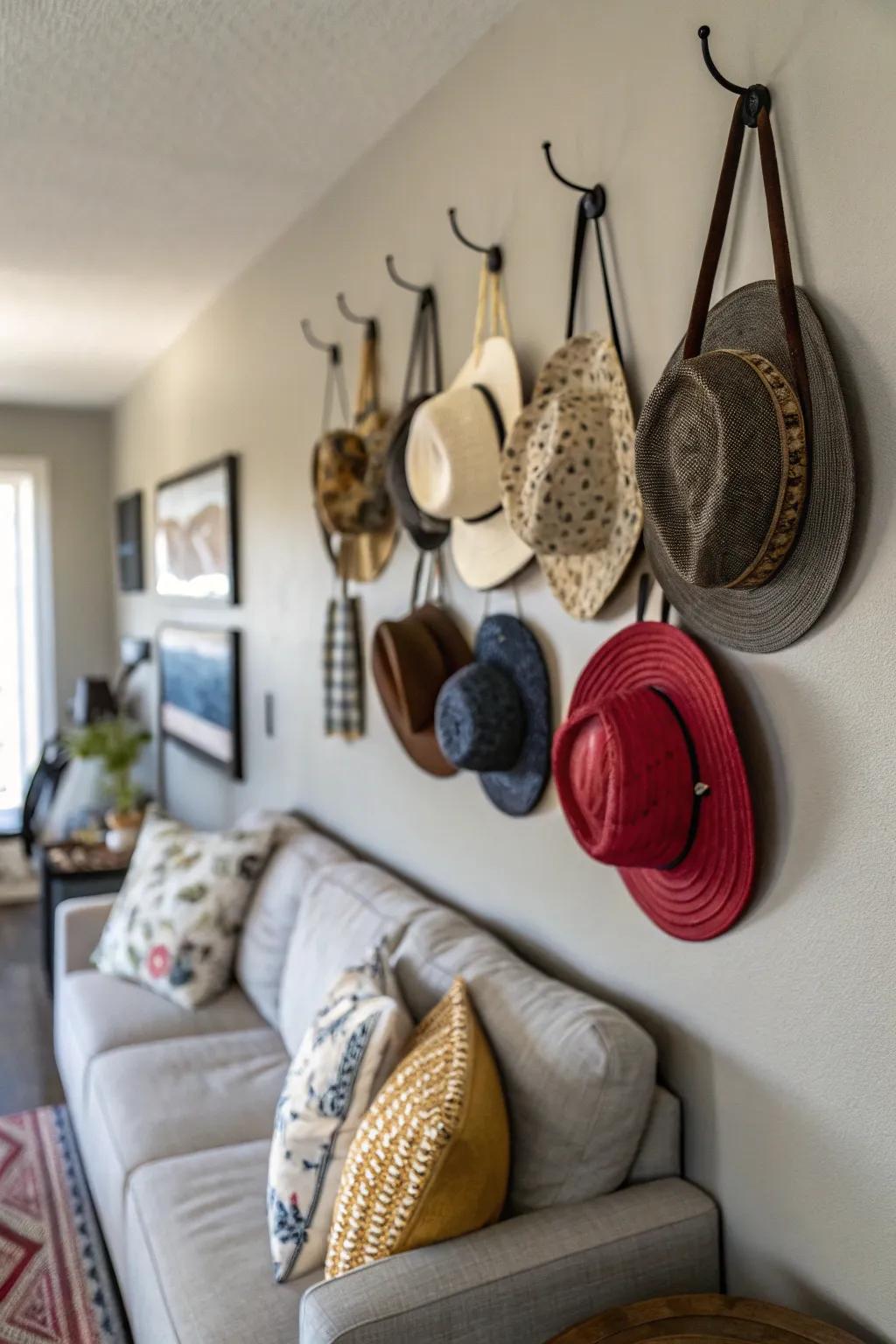 A creative exhibit of hats arranged on a gallery wall with decorative mounts.