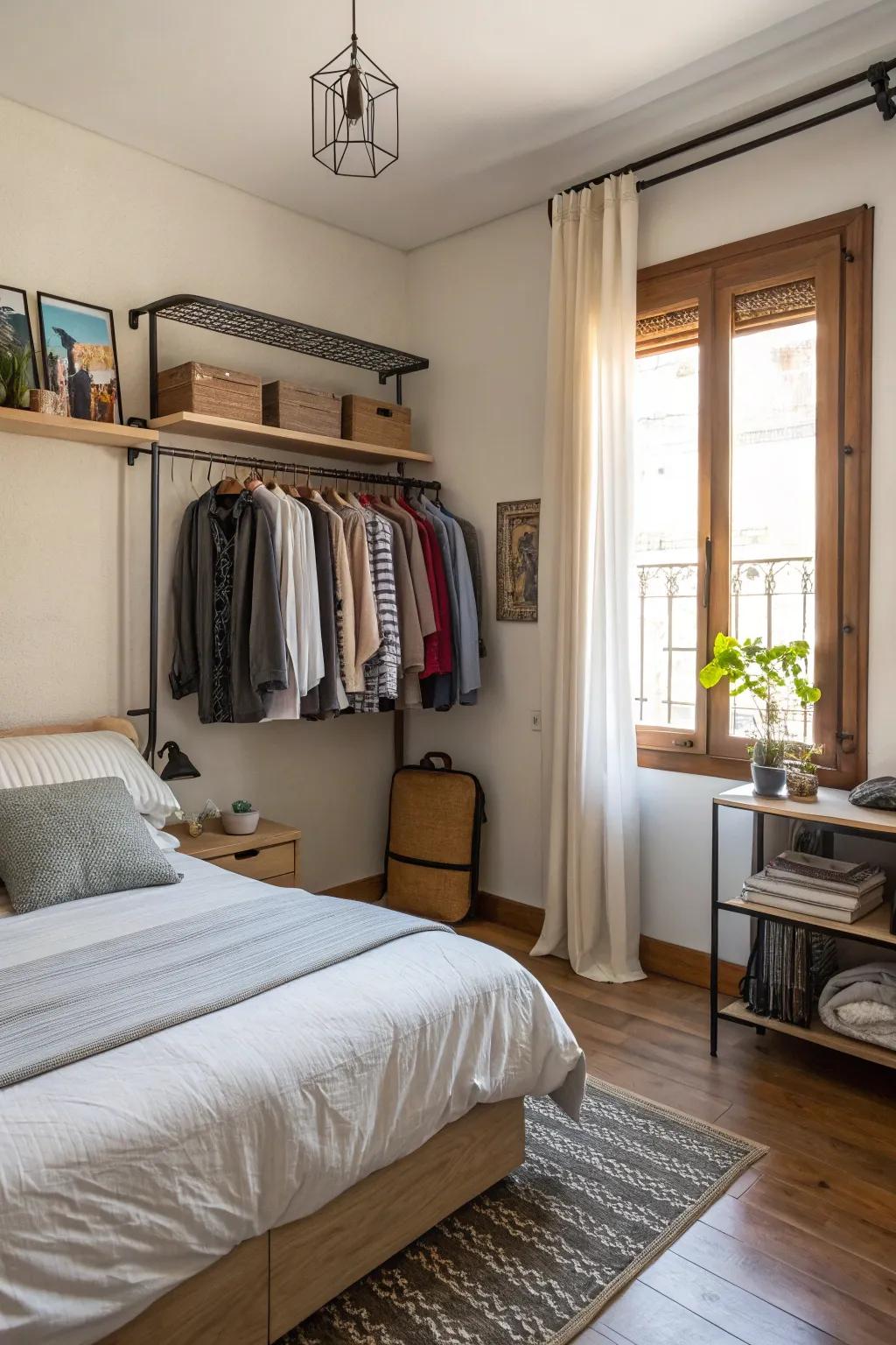 A petite apartment bedroom cleverly fitted with a space-maximizing wall-mounted clothing rack.