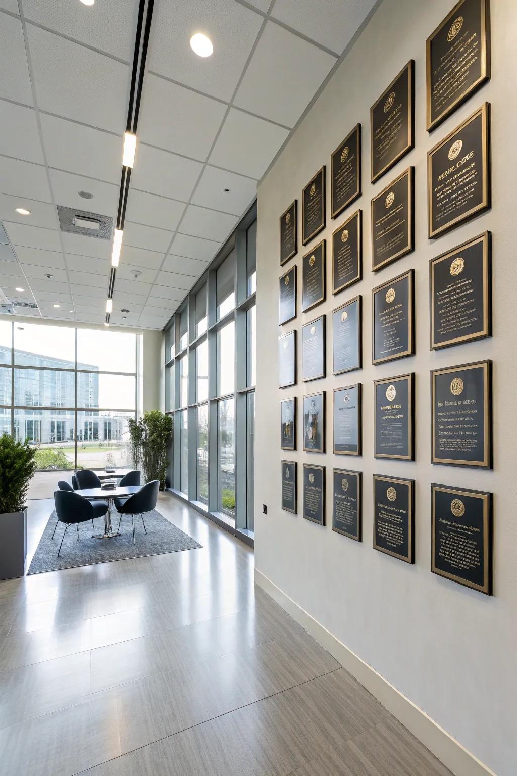 A sleek achievements plaque wall in a minimalist setting.