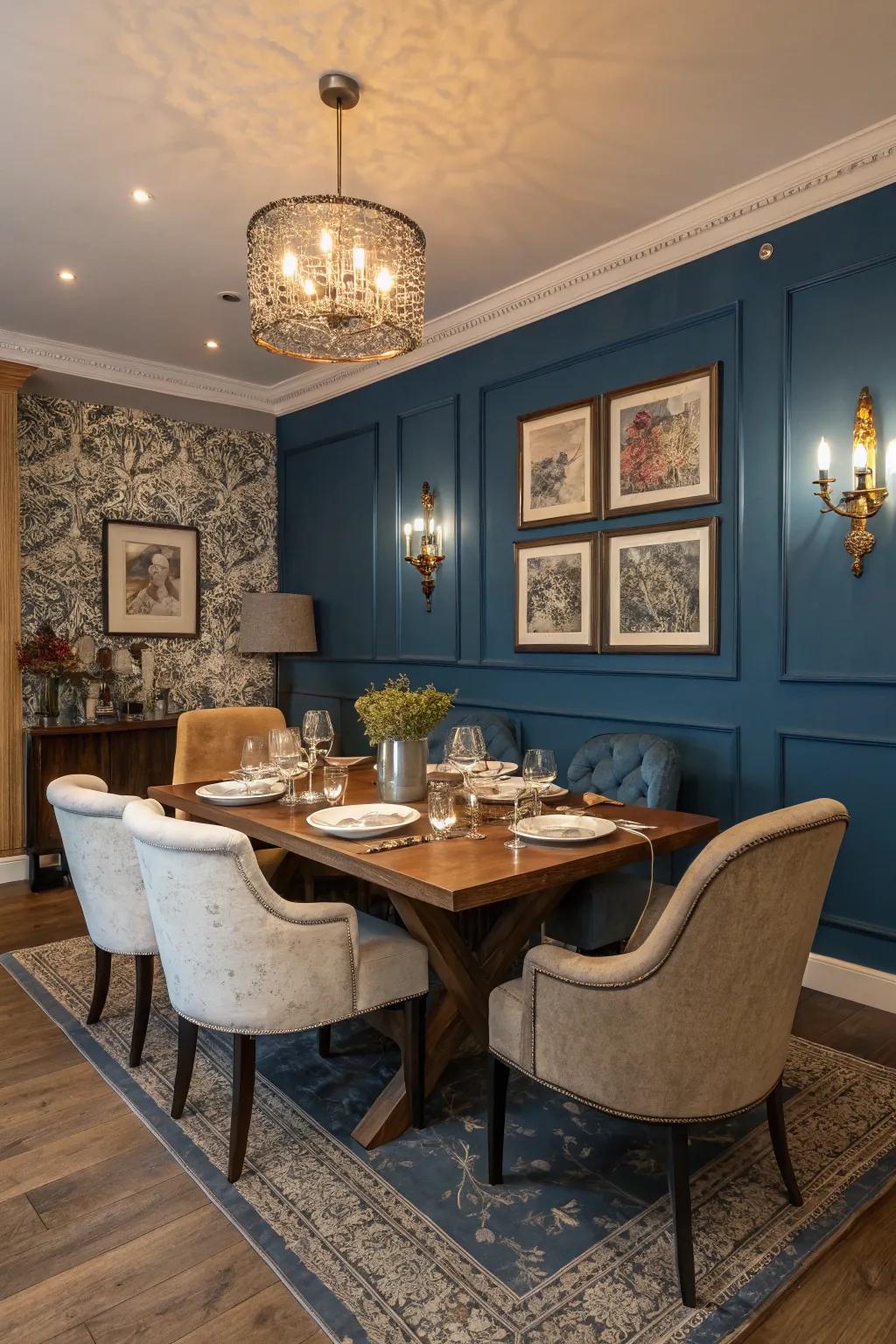 A prominent blue accent wall adds depth to a dining area.