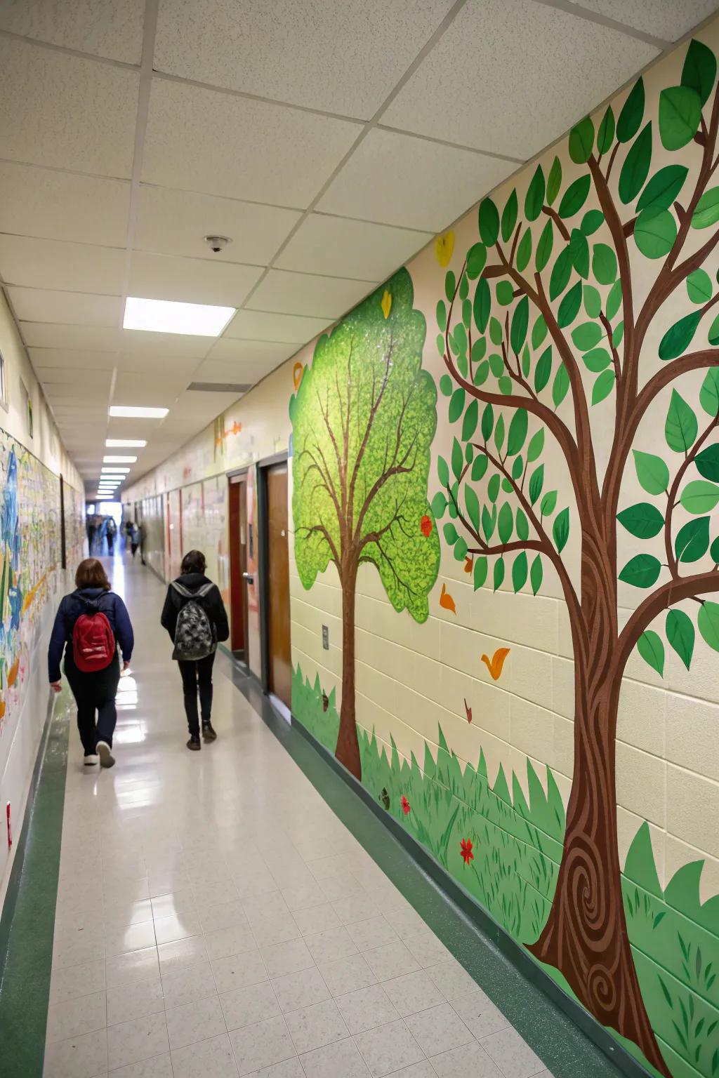 Nature-inspired wall designs introduce a refreshing and calming element to this school corridor.