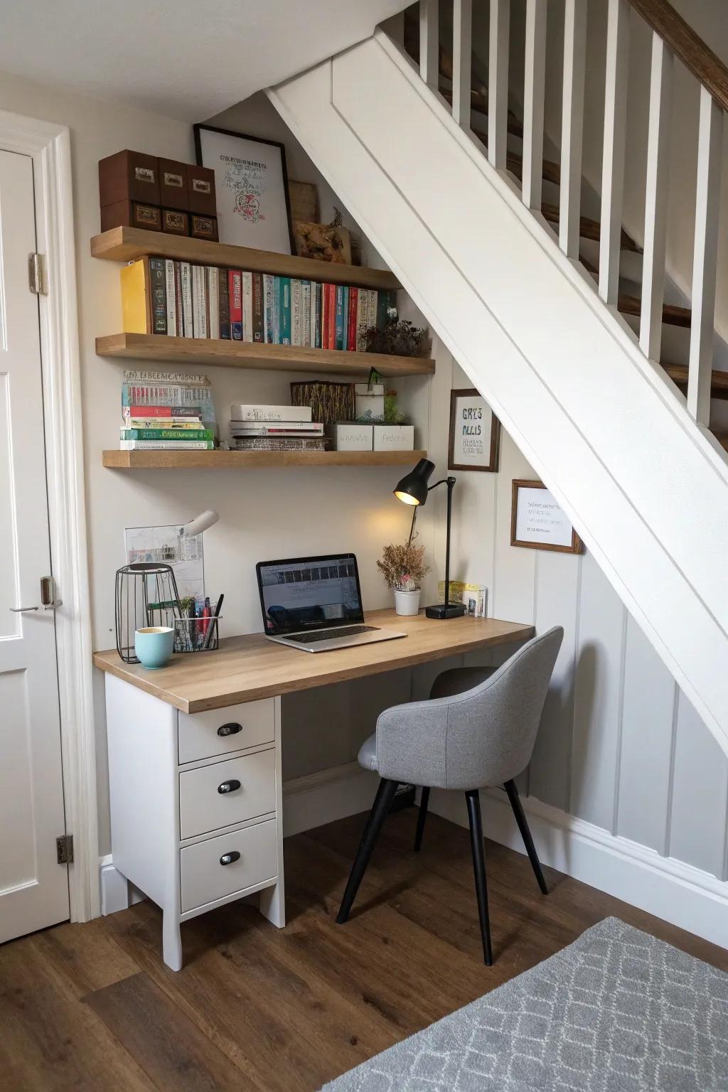 A compact home office beneath the staircase optimizes efficiency.