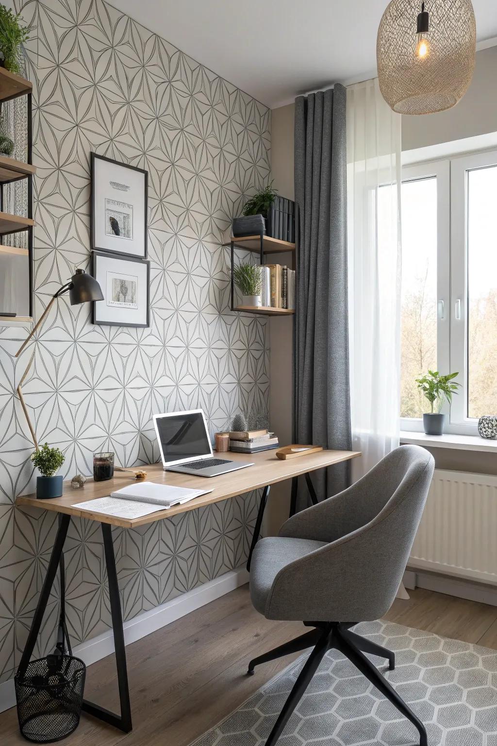Geometric wallpaper adds a modern twist to workspaces.