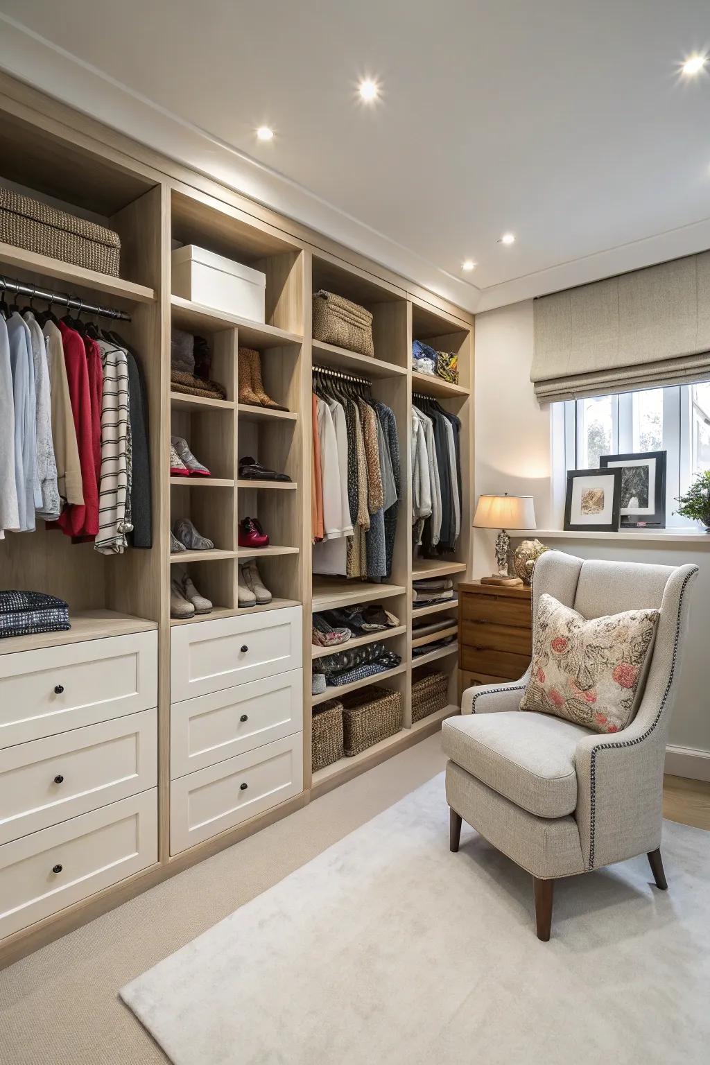 An opulent walk-in wardrobe featuring organized storage.