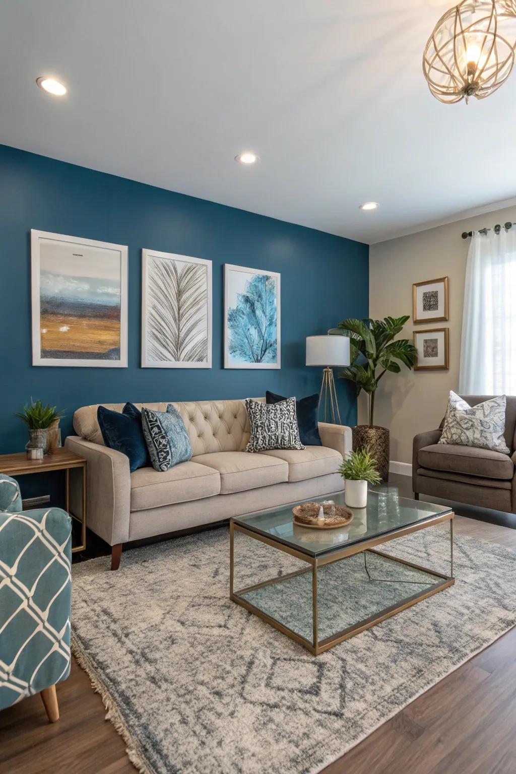 Elevate your space with a sophisticated warm blue accent wall.