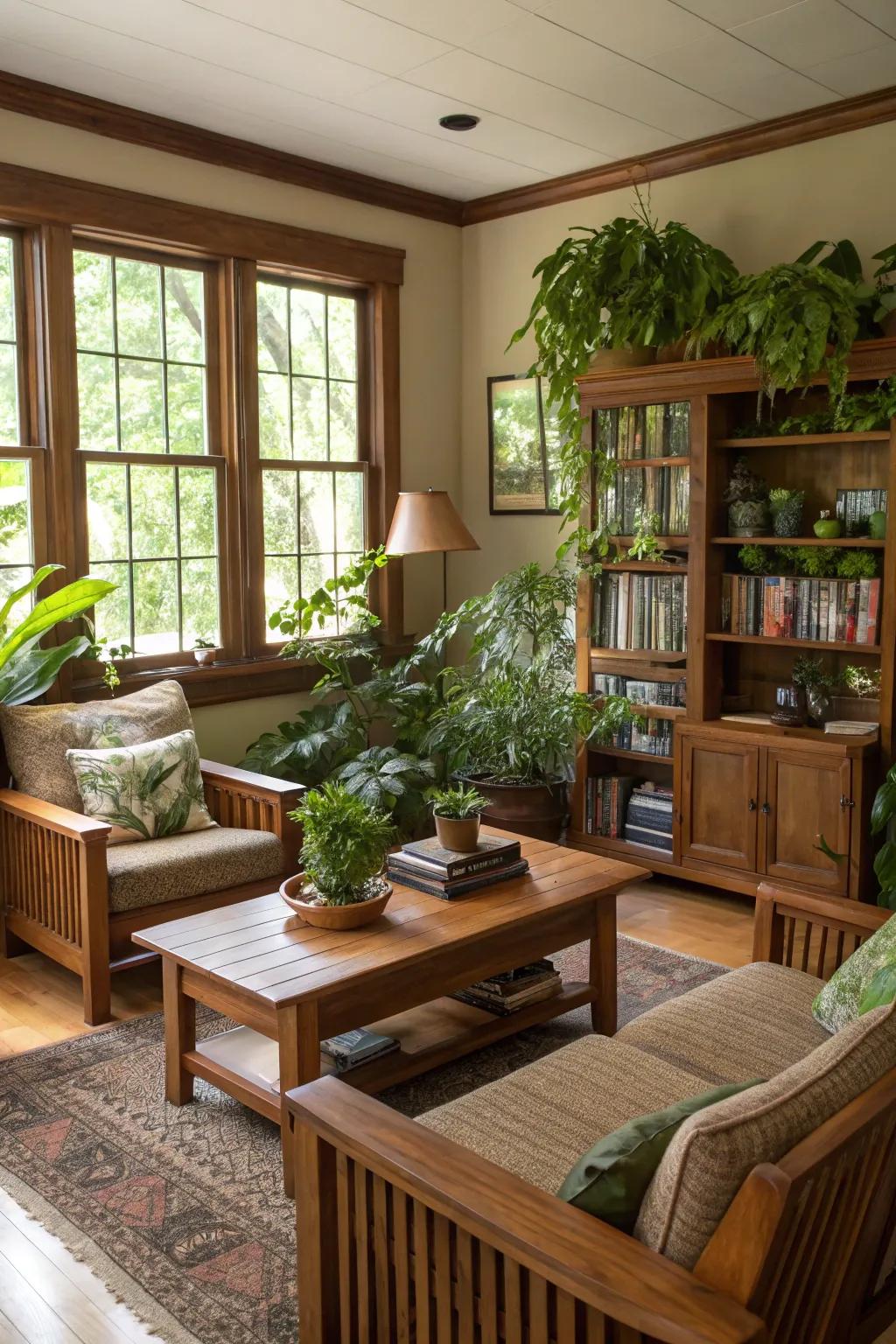 Your living room gains an organic touch from organic elements like timber and plants.