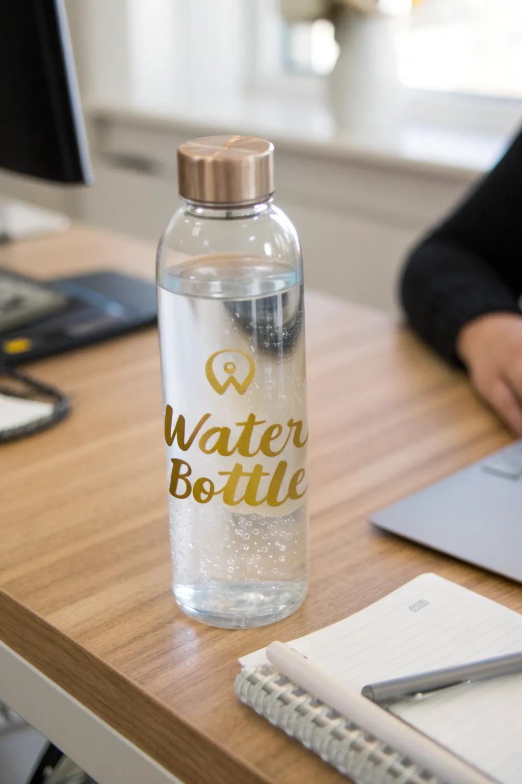 A customized hydration container highlighted with golden vinyl script.