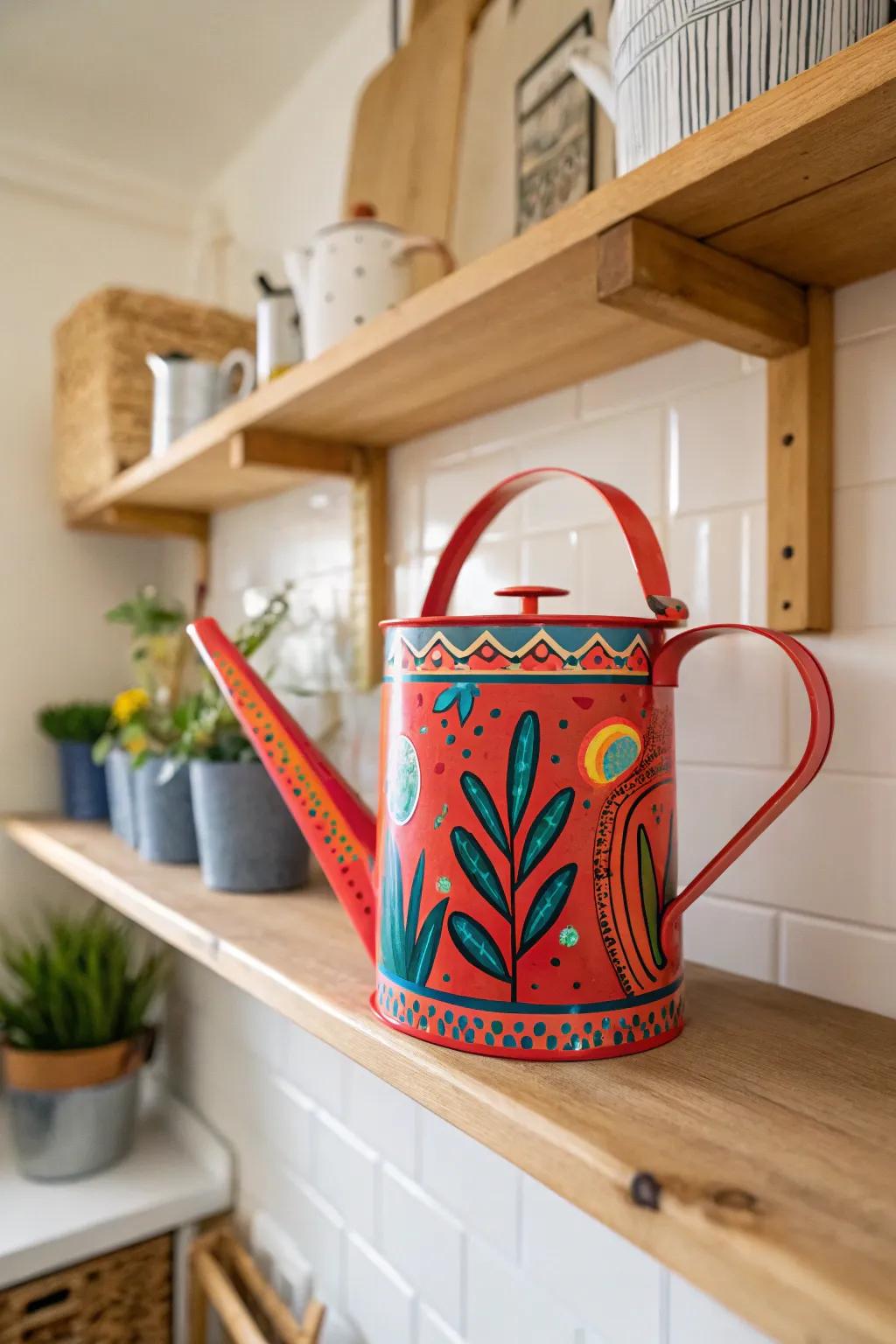 A watering can transformed into a vivid art piece with paint.